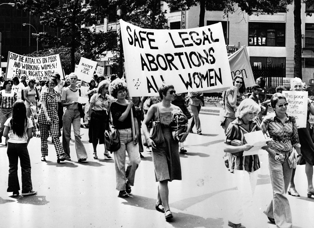Pro-choice activists march in support of safe and legal abortion in New York at a 1977 demonstration.