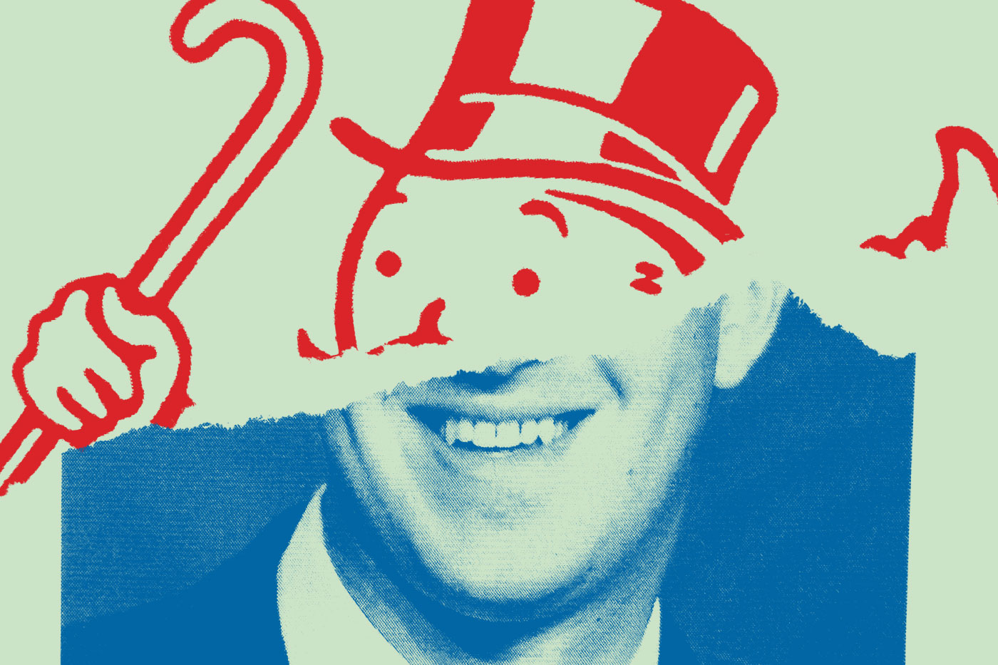 helft illustratie van monopoly logo, andere helft gezicht van een man