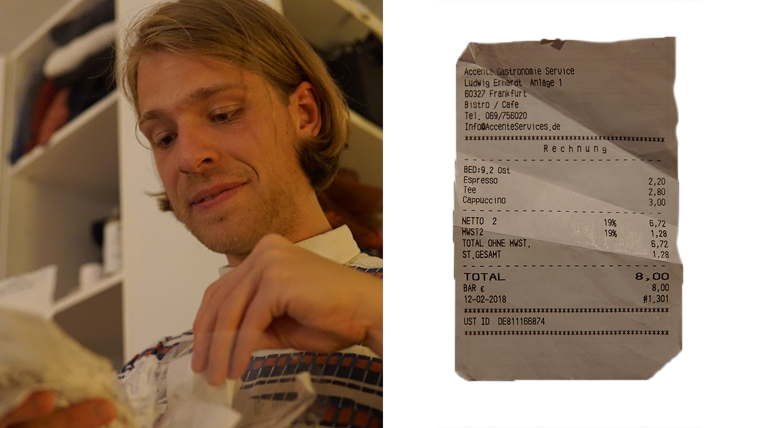 Man telt kassabonnen en kassabon.