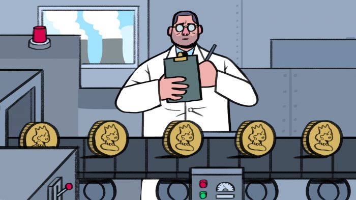 cartoon fabriek munten onderzoeker