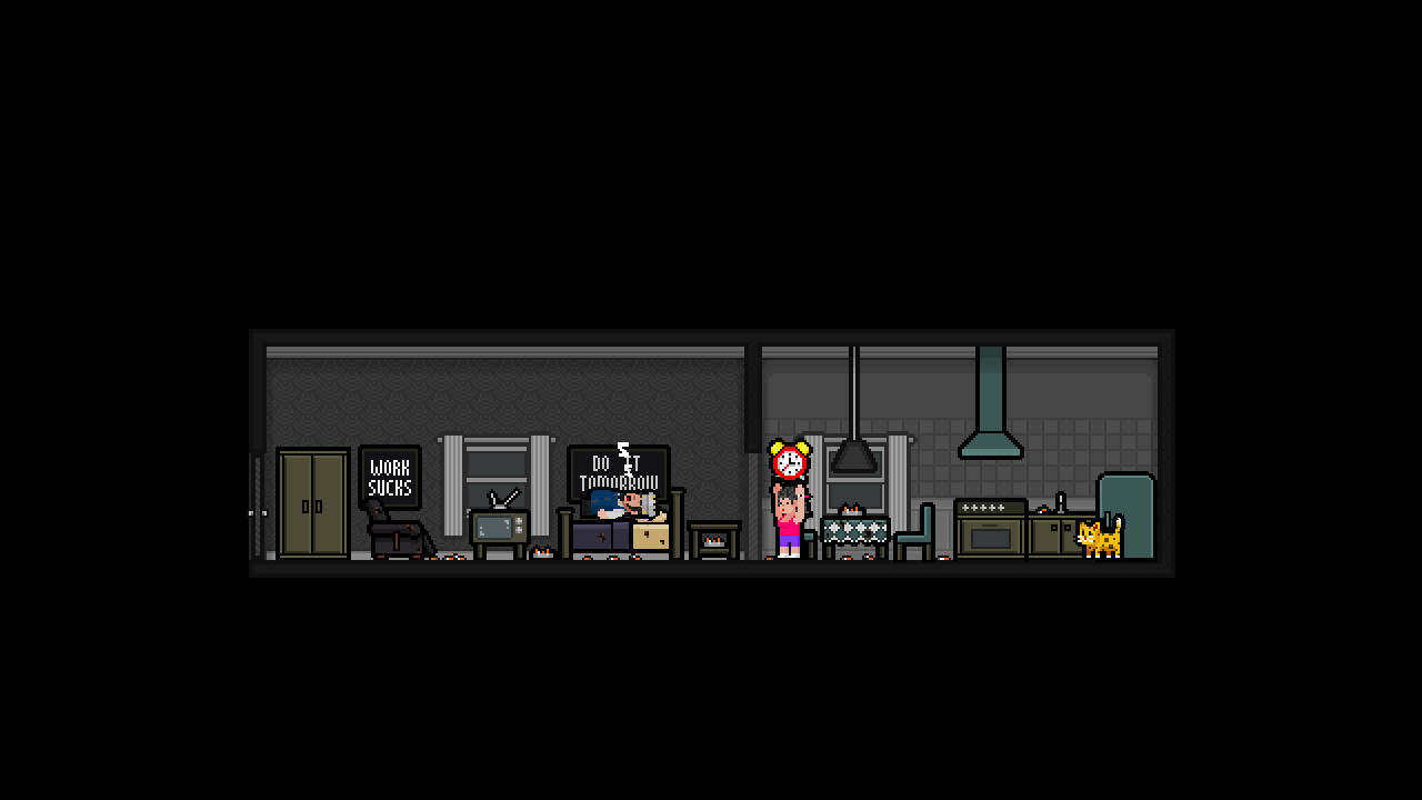 A scene from 'Welcome to Bummertown' a game about game development.