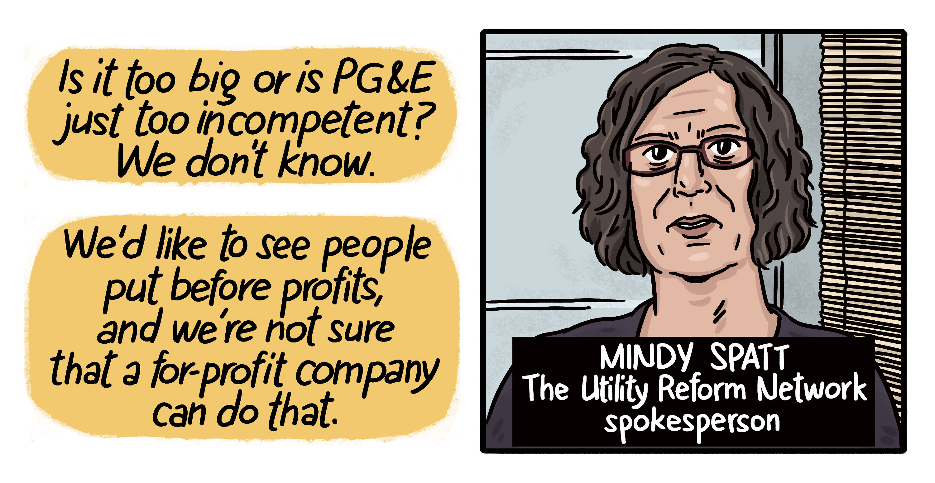 Headshot illustration of Mindy Spatt of The Utility Reform Network, and a quote: 