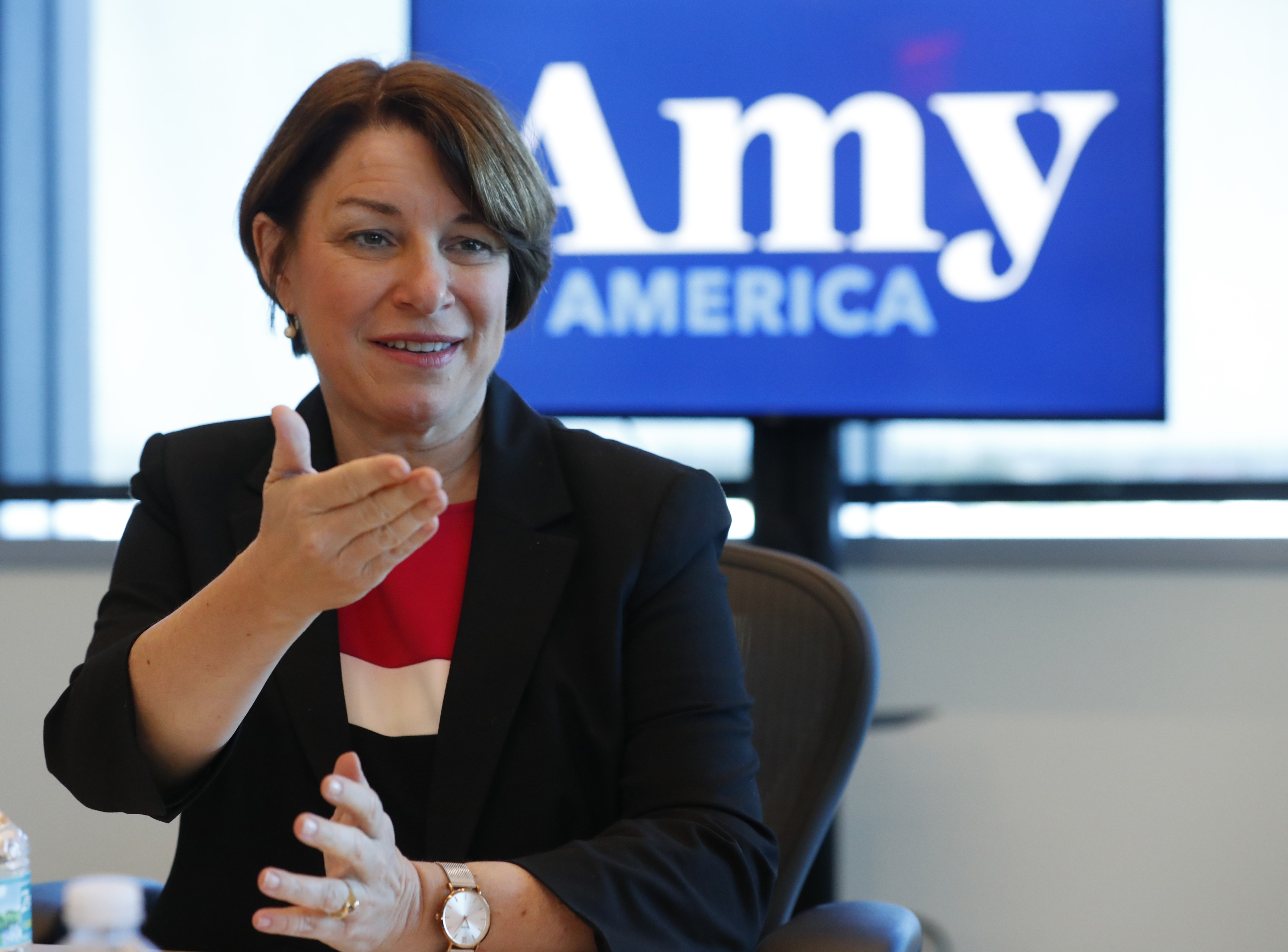 Democratic presidential candidate Amy Klobuchar speaks during a roundtable discussion on health care, Tuesday, April 16, 2019, in Miami. Klobuchar met with local medical professionals and advocates to talk about the cost of prescription drugs access to healthcare. (AP Photo/Wilfredo Lee)