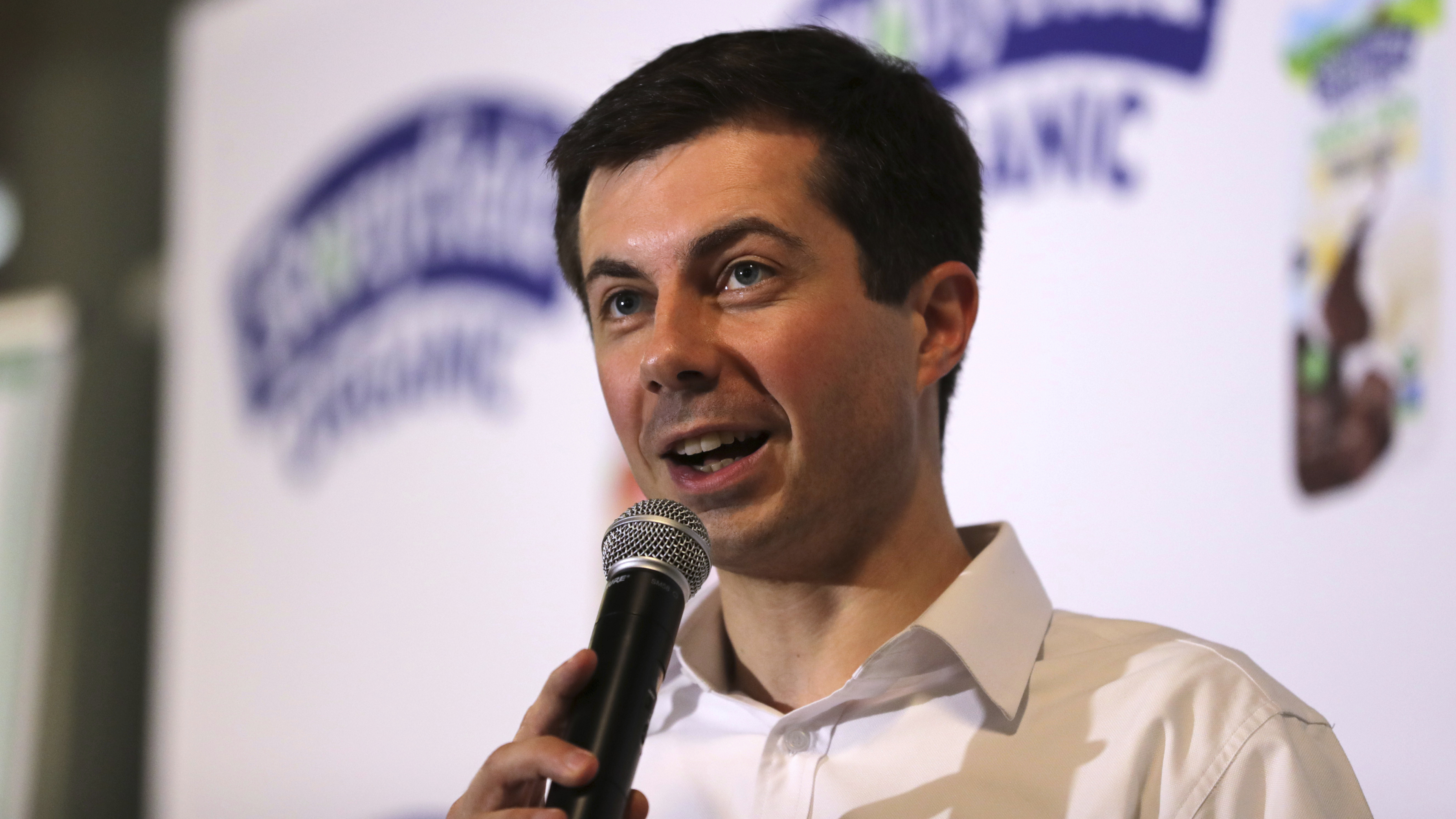 Democratic presidential candidate South Bend Mayor Pete Buttigieg during a campaign stop at a dairy company in Londonderry, N.H., Friday, April 19, 2019. (AP Photo/Charles Krupa)