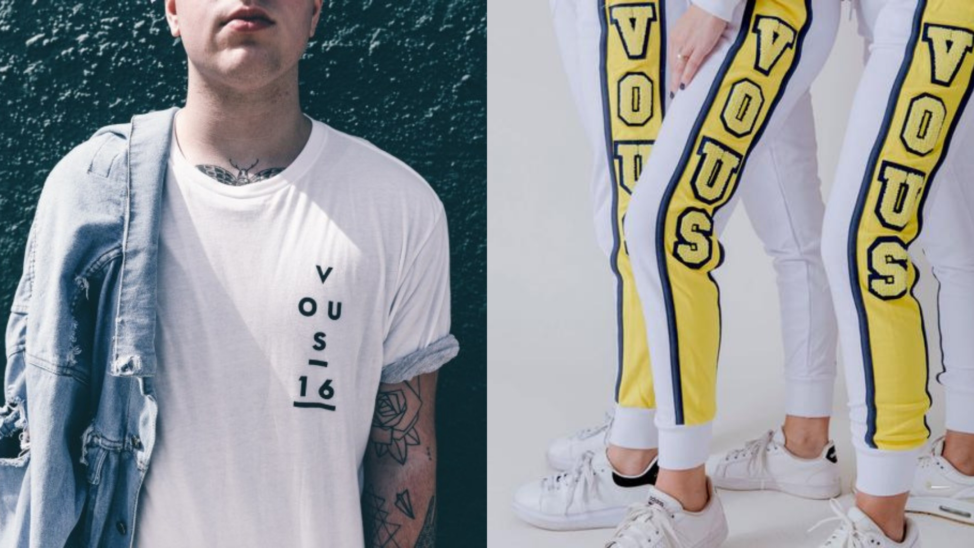At left, a man wearing a Fear of God x Vous t-shirt. At right, Vous sweatpants on several women's legs