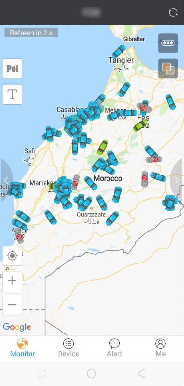 Screenshot of a map or Morocco and cars tracked via GPS