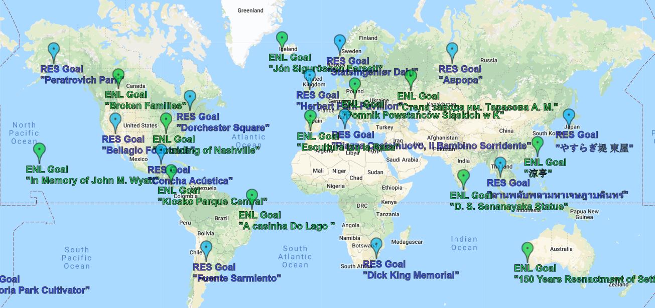 A map with major faction objectives on it shown across the world.