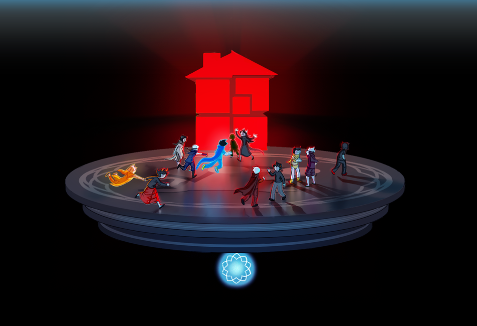 An image from homestuck, many people greet each other on a platform floating in a void, with a glowing red house behind them