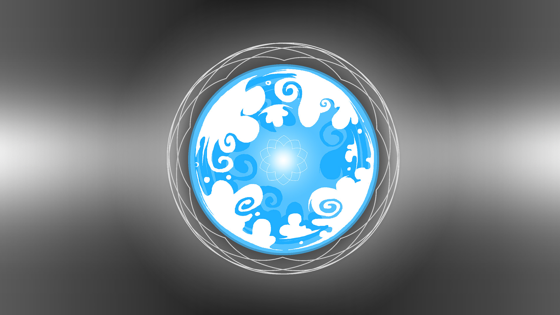 An image from Homestuck, Skaia: a blue sphere with cloud patterns floating in a grey black gradient