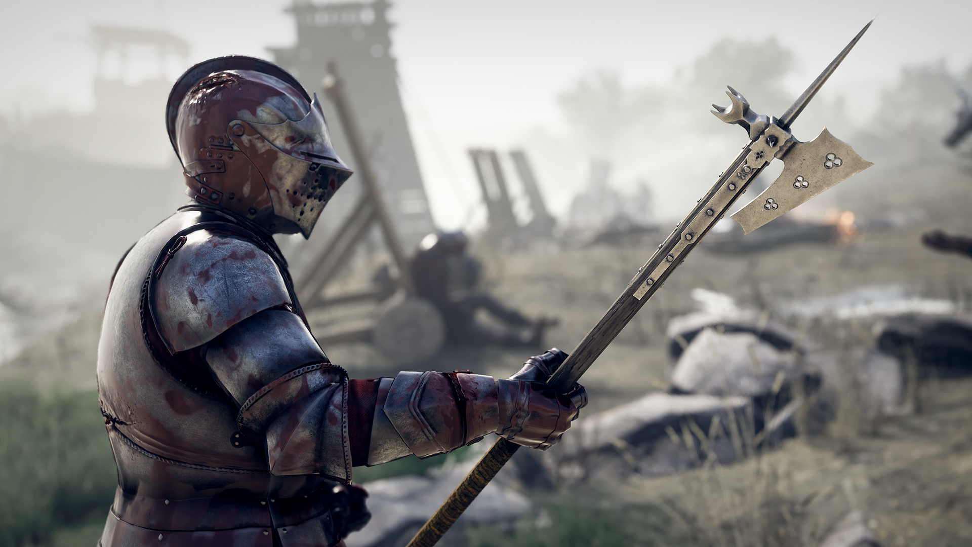 A foot knight in gothic armor in Mordhau holding a halberd. 