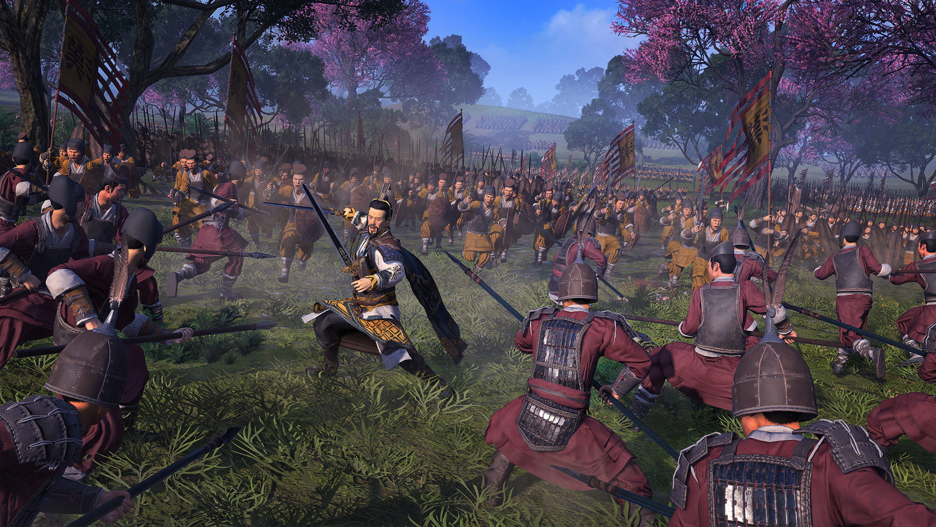 A hero surrounded by enemies in a Total War Three Kingdoms review