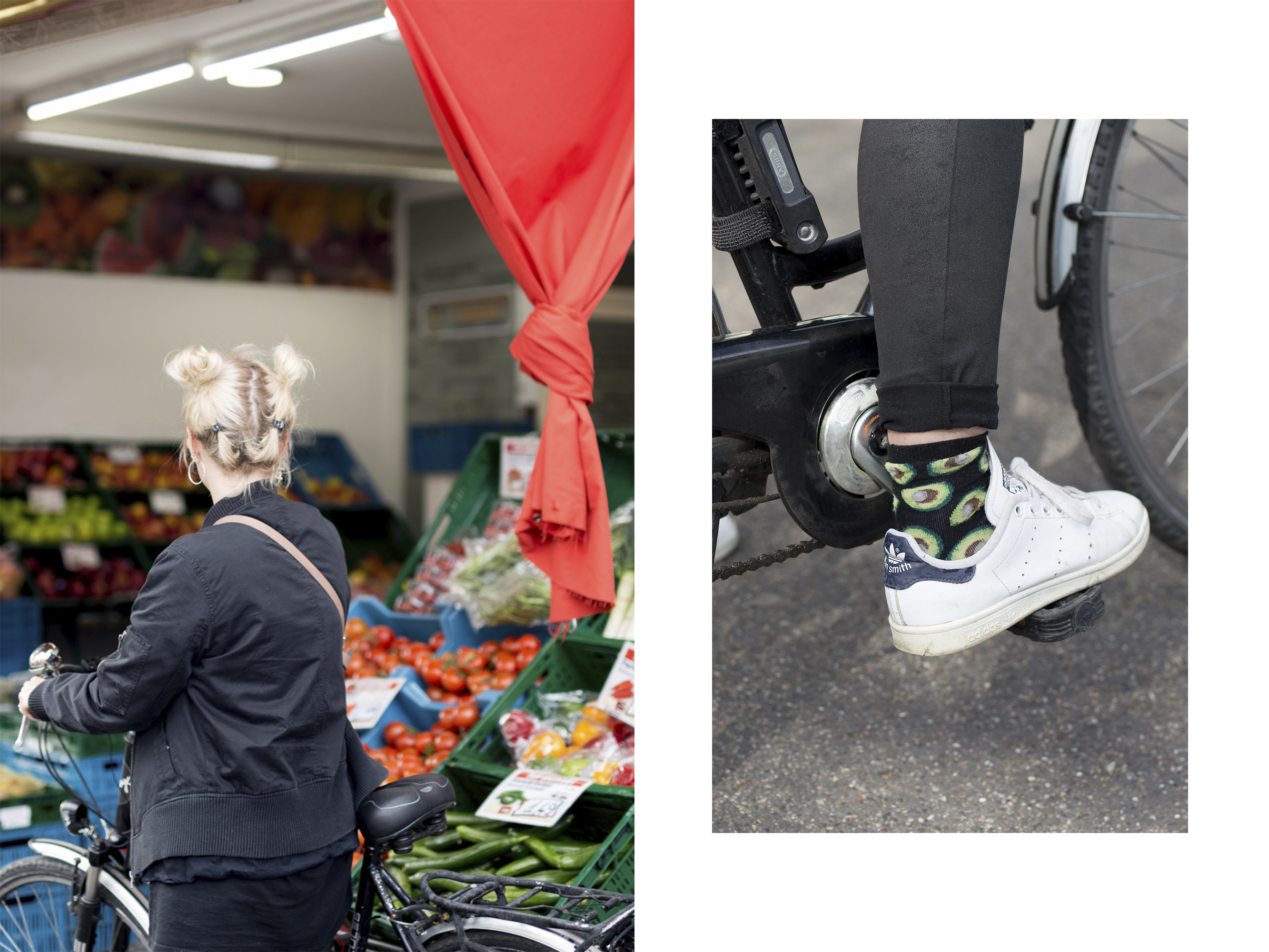 Eine Frau mit Avocado-Socken fährt Fahrrad