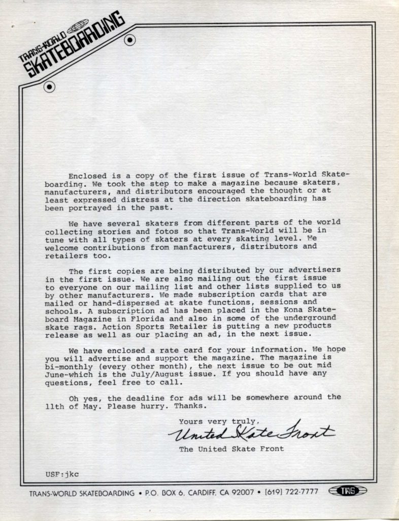 Letter sent out with the first issue of 'Transworld Skateboarding'