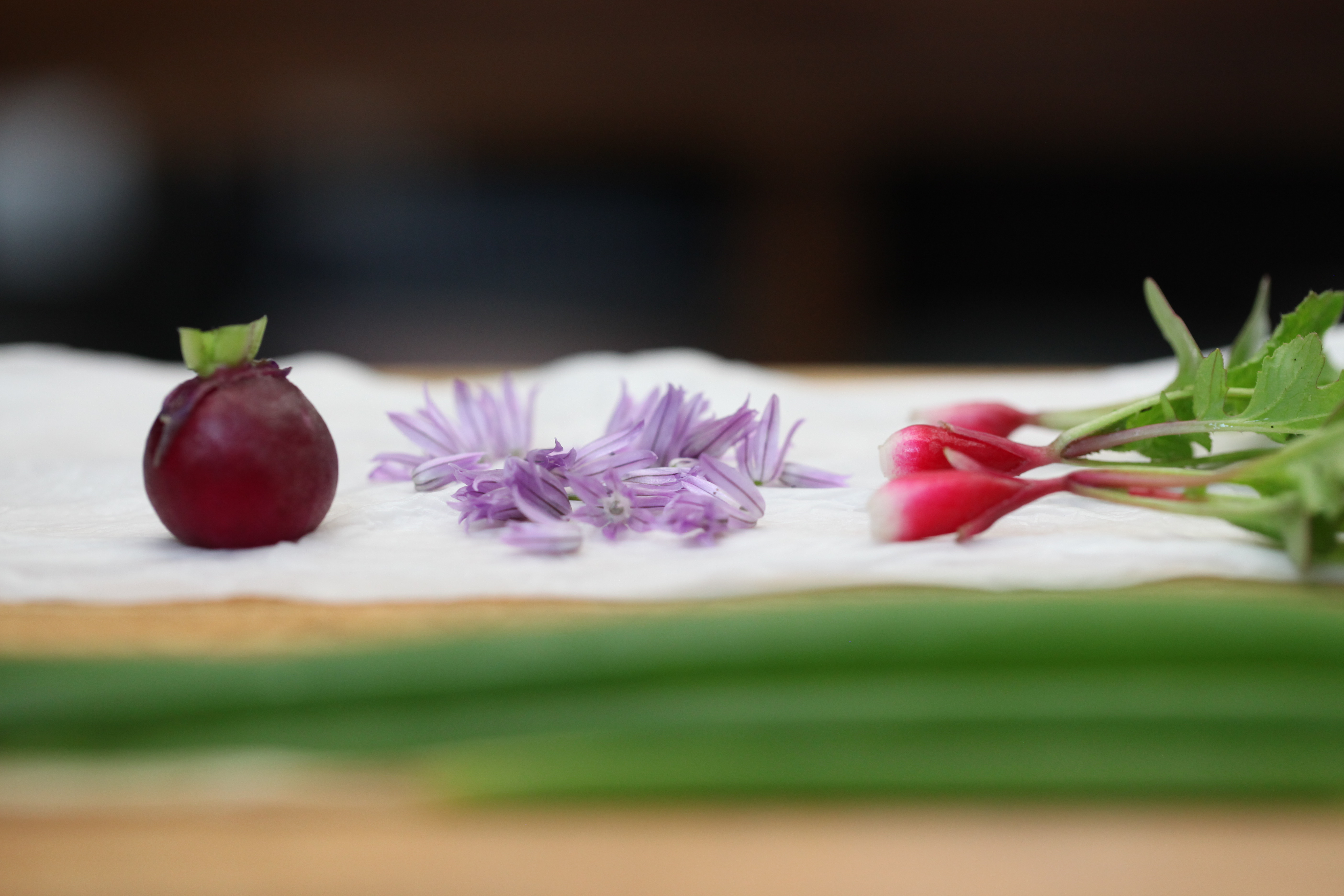 freshly picked radishes and chive blossoms on a paper towel in the munchies test kitchen