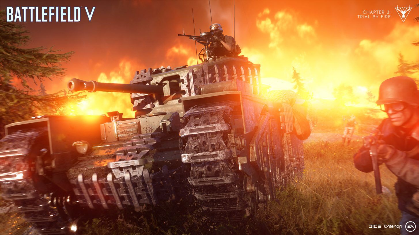 A german tank rolls through fire