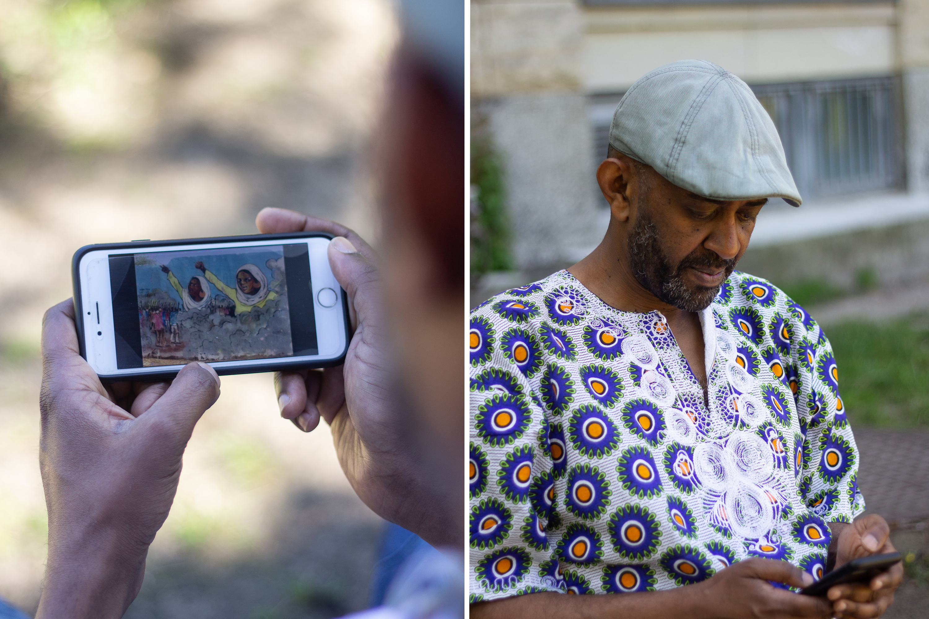 Mann aus dem Sudan zeigt Fotos der Revolution