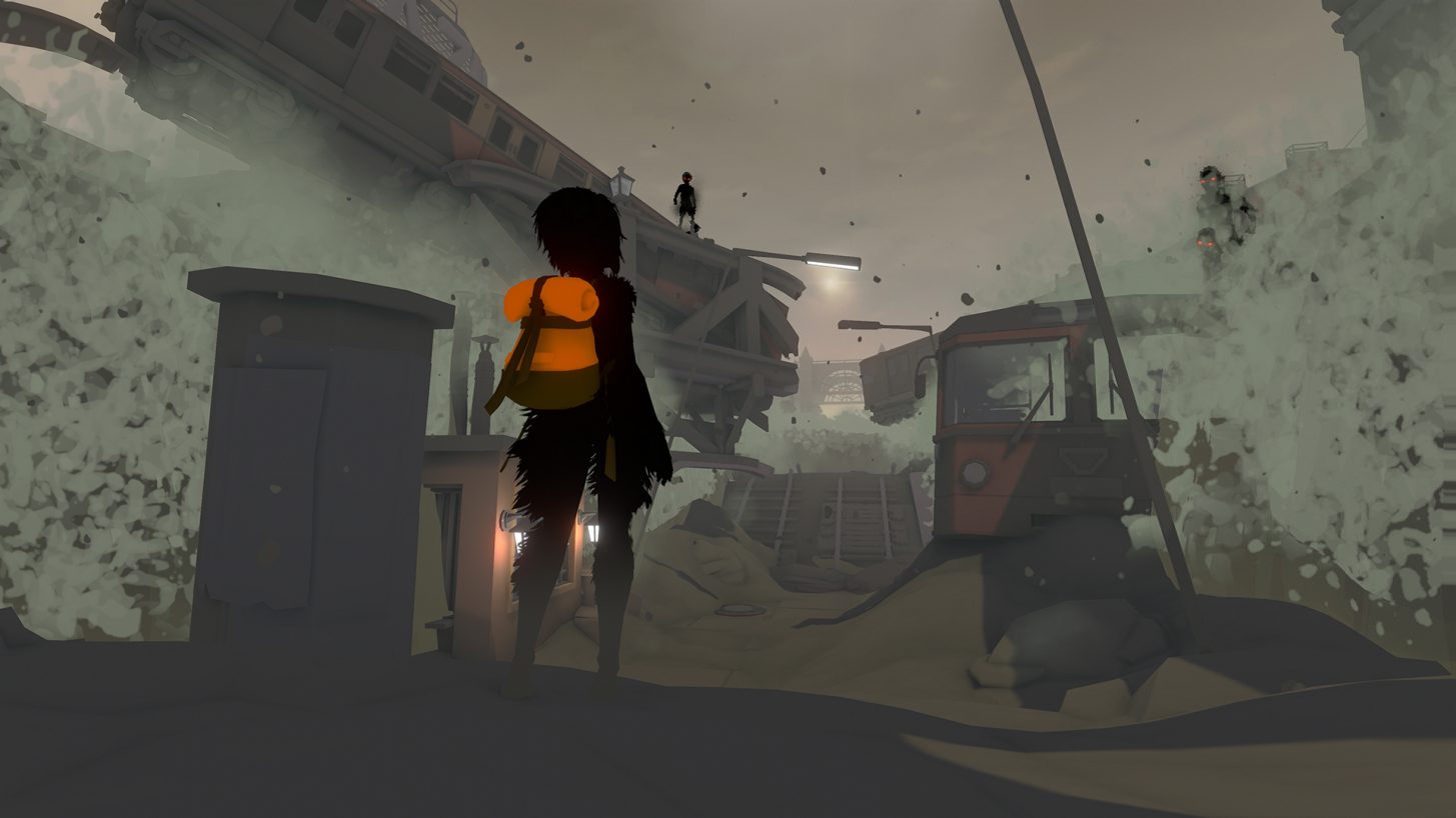 A dark figure stares across a ruined, dreamlike landscape featuring a ghostly bridge and the remains of a railcar on something that is at once like an old city street, but also completely unmoored from any concrete reality.