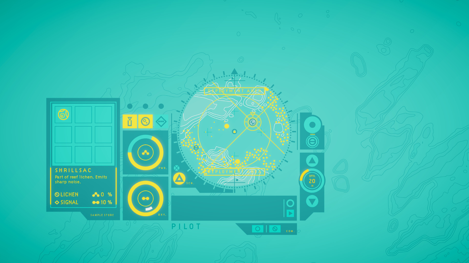 A bright, turquoise heads-up display showing what appears to be a sonar map of an ocean, as well as other data.