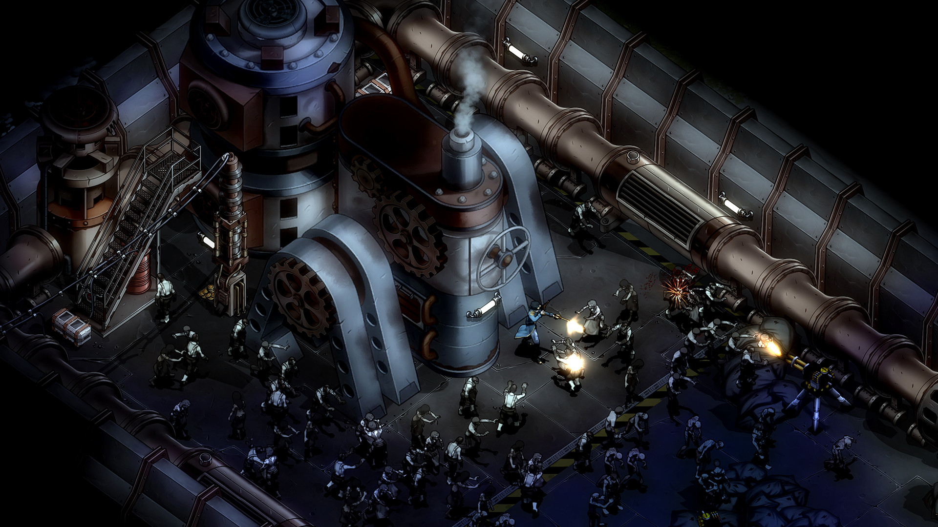 A hero character fights off waves of zombies at the base of some kind of large, sinister looking metal engine of unknown purpose
