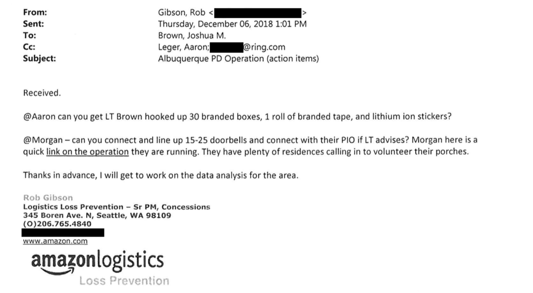 December 6 email with representatives from Amazon, Ring, and the Albuquerque Police Department. Email addresses redacted by Motherboard.