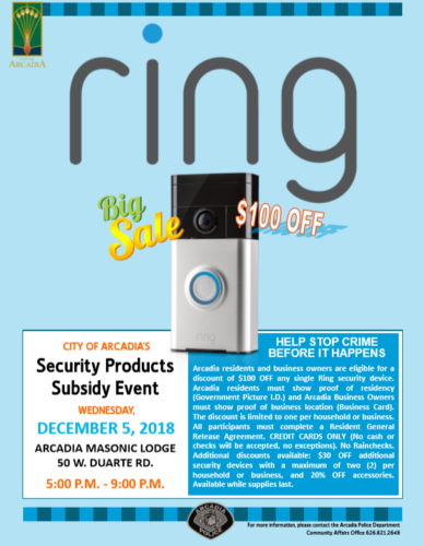 Arcadia, CA promotional image for a Ring subsidy program event in December 2018.