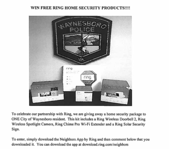 Waynesboro, VA flyer for a Ring product giveaway program obtained by Motherboard.