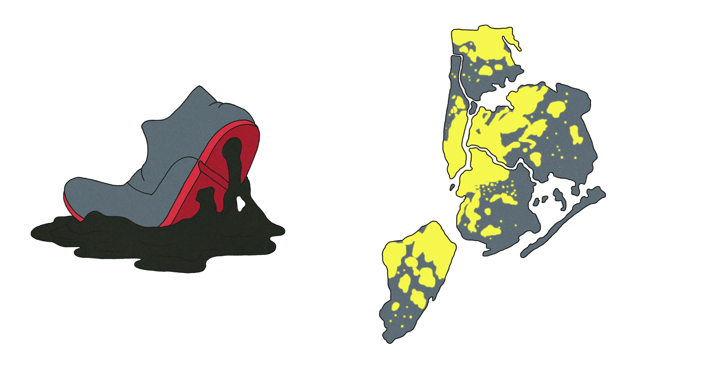 illustrations of a foot sticking to melted asphalt and New York City going through a blackout.
