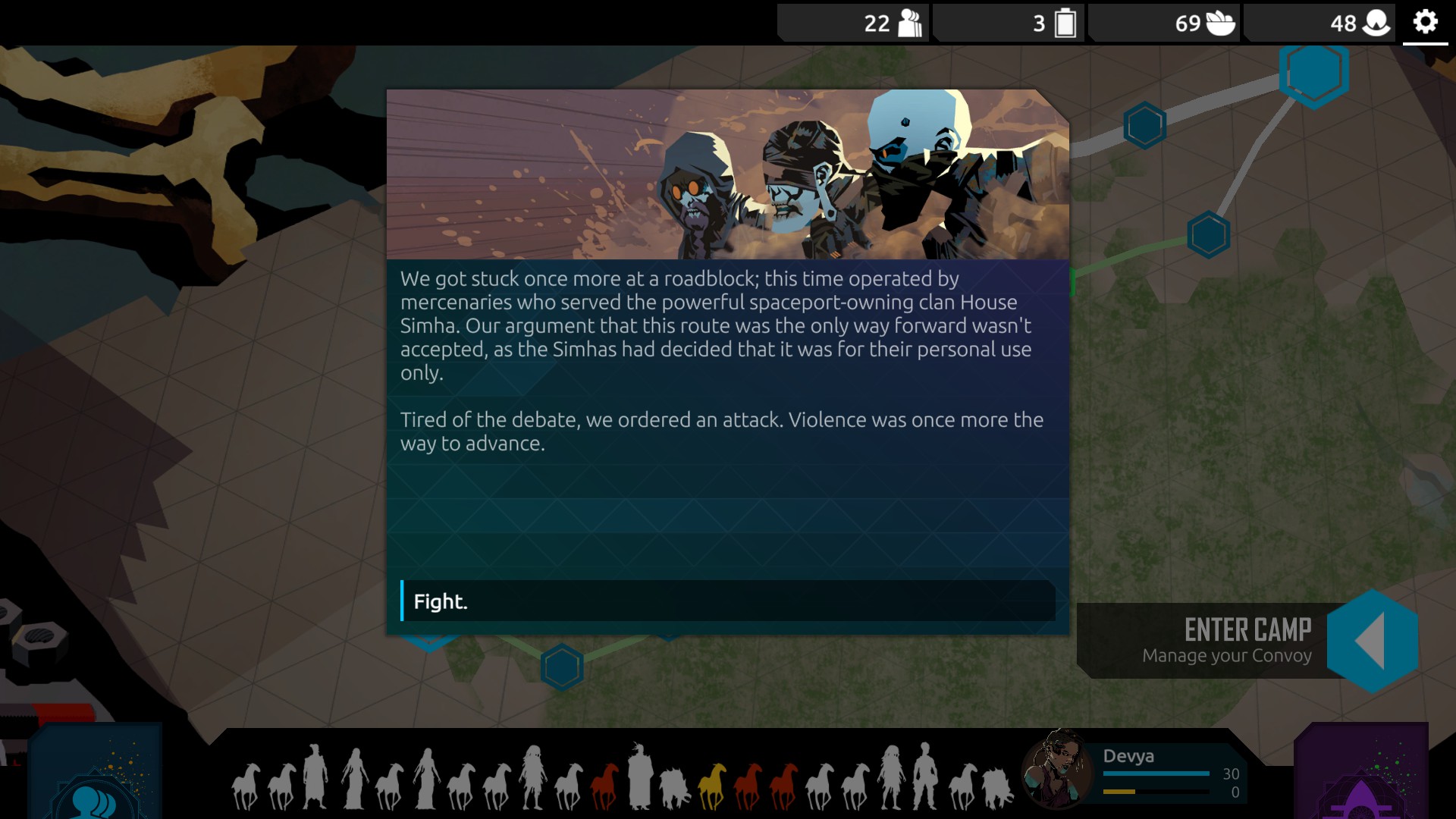 Screenshot from Nowhere Prophet, a dialog box from the game reads 