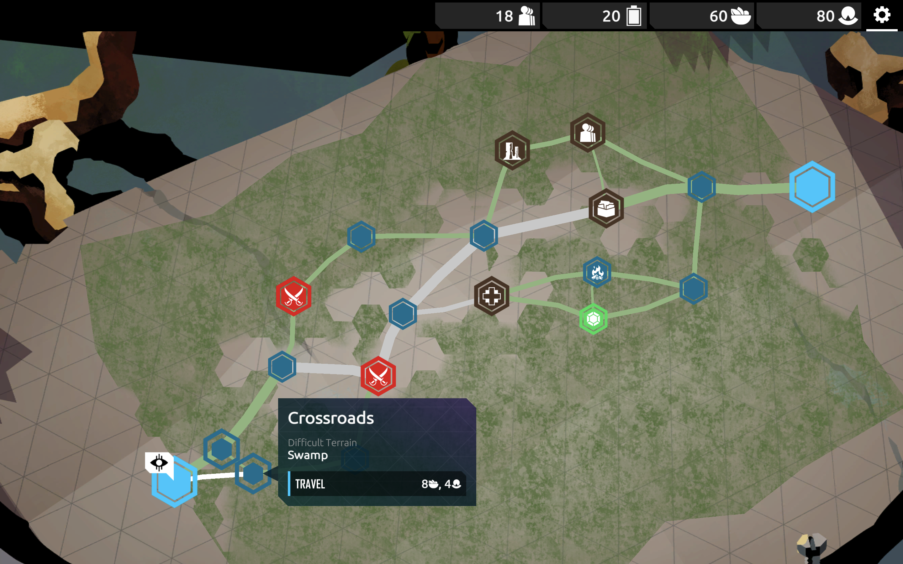 Screenshot from Nowhere Prophet, a starting map. Hexagons of blue, red, brown, and green are connected by 