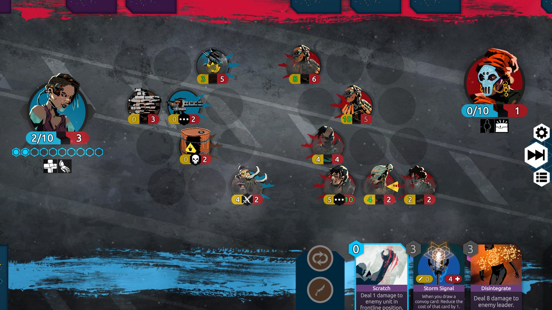 Screenshot from Nowhere Prophet, this combat screen consists of a portrait of your Prophet, with your health and current energy. To the right of that a 4 x 3 grid of circles where you can play your followers. This same setup is mirrored on the right half of the screen for the enemy