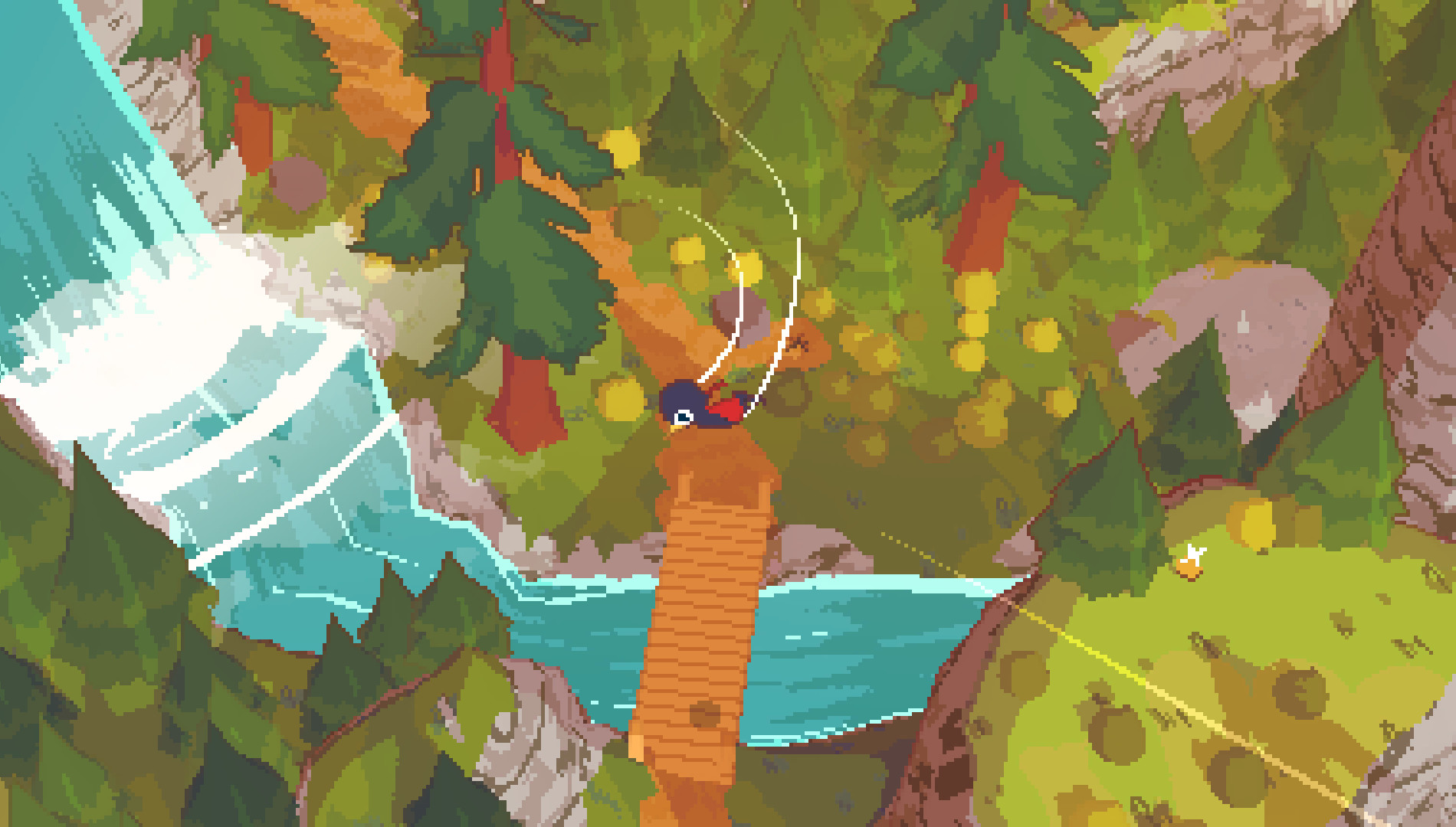 With motion lines coming off its wings, a little bird swoops over a waterfall in a short hike