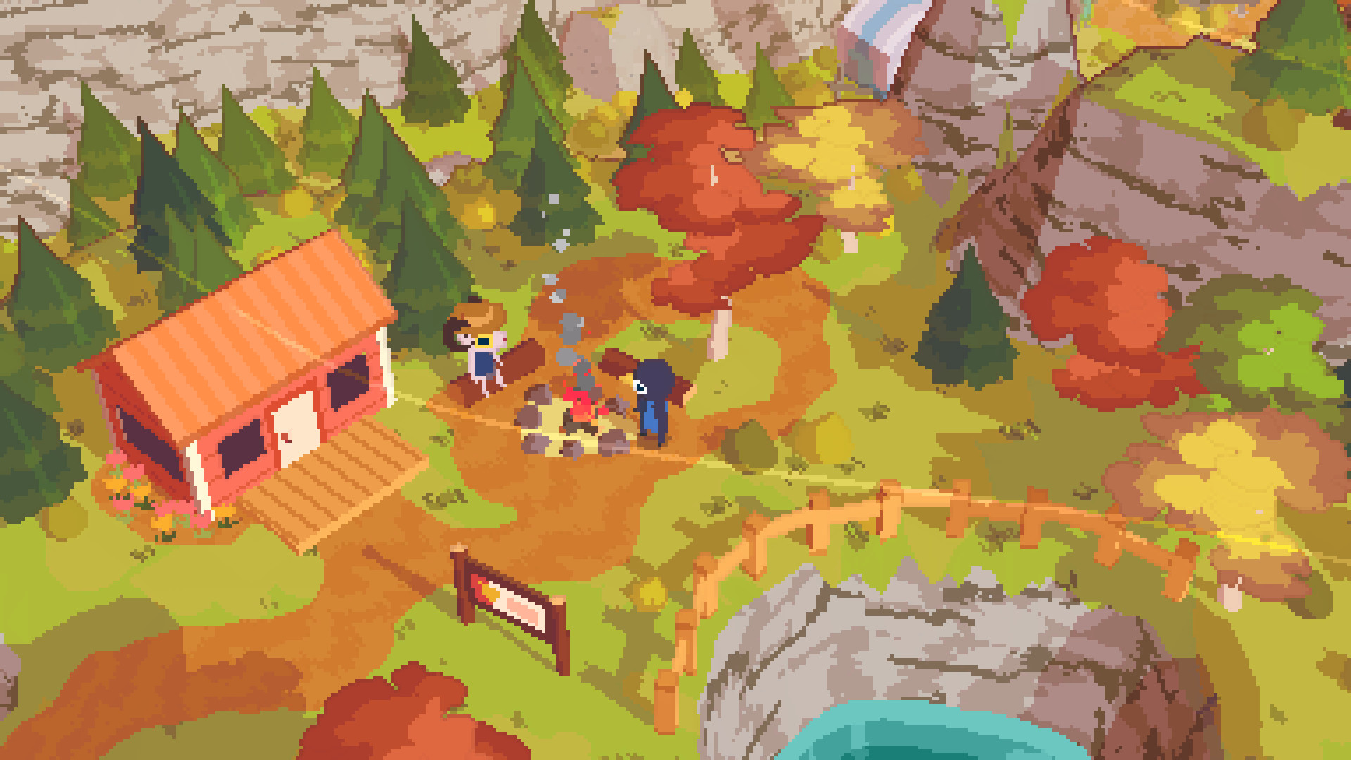 A bird talks to a dog farmer over a campfire in A Short Hike, a new kind of walking simulator.