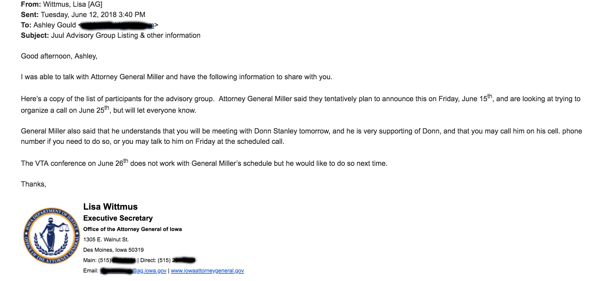 A screenshot of an email about Donn Stanley