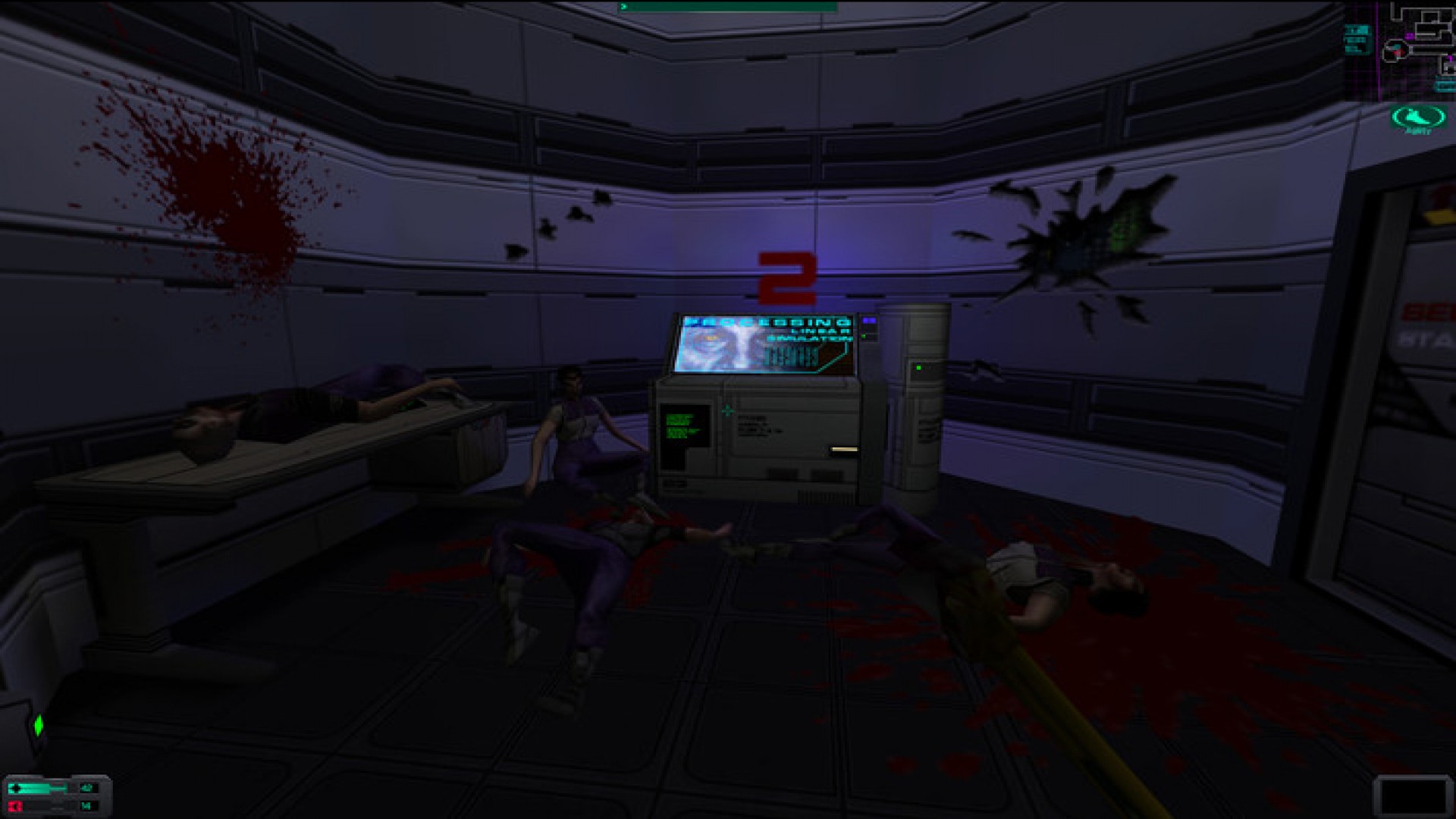A computer terminal surrounded by blood-spattered walls in System Shock 2