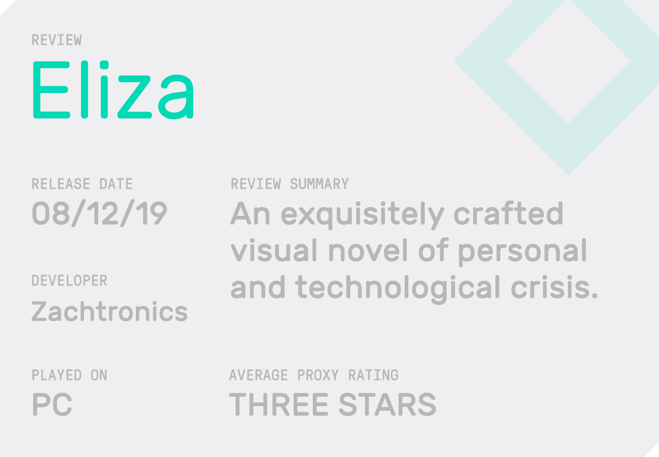 The review summary for Waypoint's review of Eliza on Vice