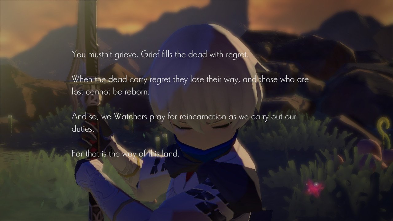 Screenshot from Oninaki, A white haired anime boy holds a sword up ready to strike, a text overlay on top reads 