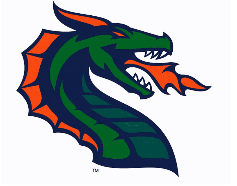 XFL Logo for the Seattle Dragons, a stylized green dragon with orange horns and frill, spewing orange fire.