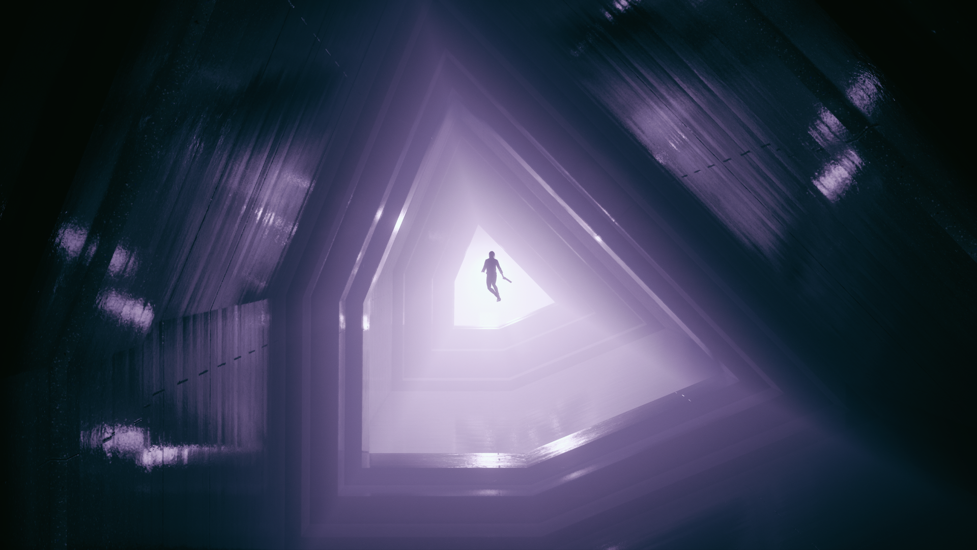 A screenshot from Control in which Jess Faden floats through an eerie otherworldly space.