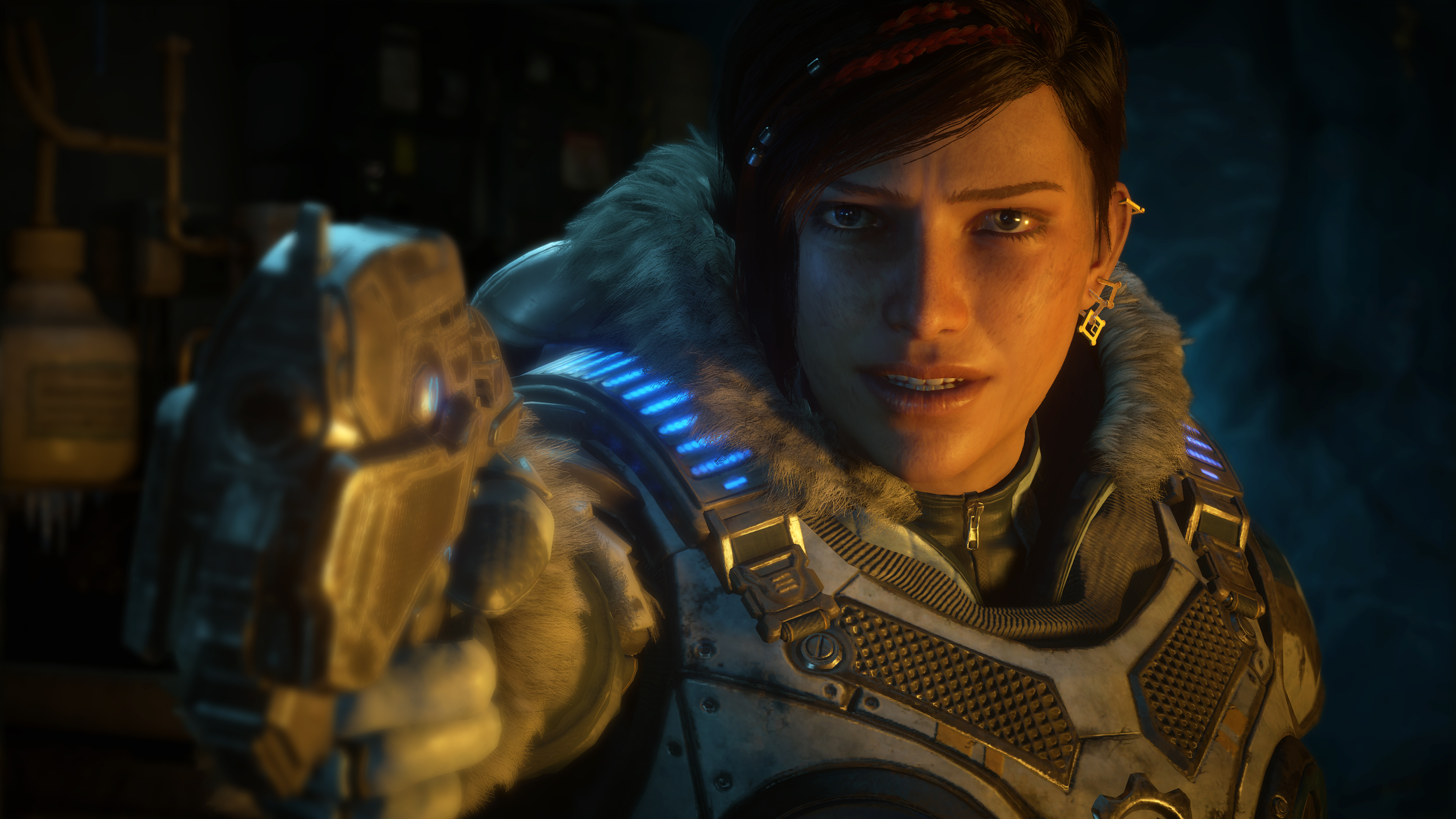 Gears of War 5's Kate draws a pistol and points it toward the camera in the Gears of War 5 review for Vice Waypoint
