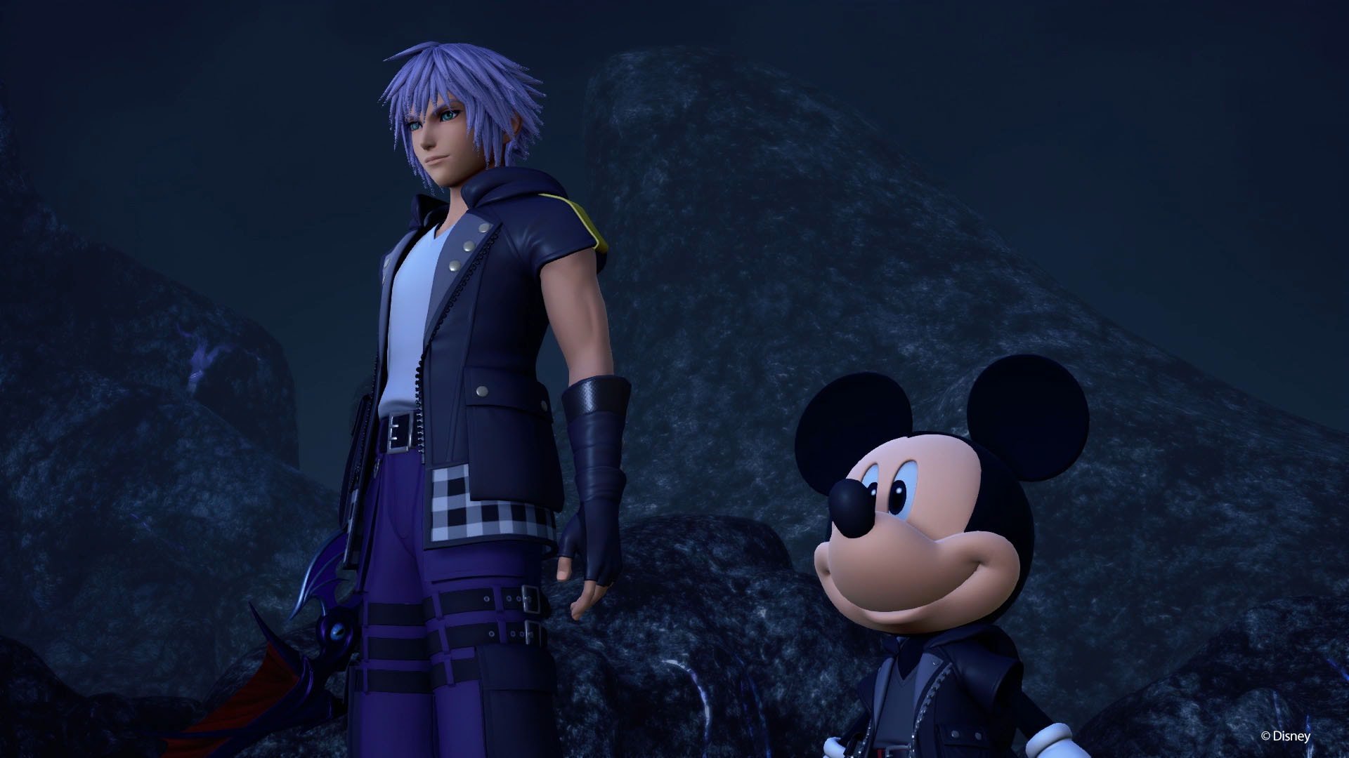 Mickey Mouse in Kingdom Hearts 3 standing with Sora against a night sky.