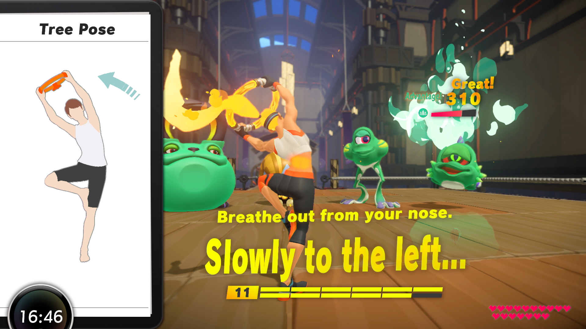 Screen shot from 'Ring Fit Adventure', the left third of the screen is a demonstration of a specific yoga pose, the right 2/3rds show your in game avatar and the enemies you're fighting.