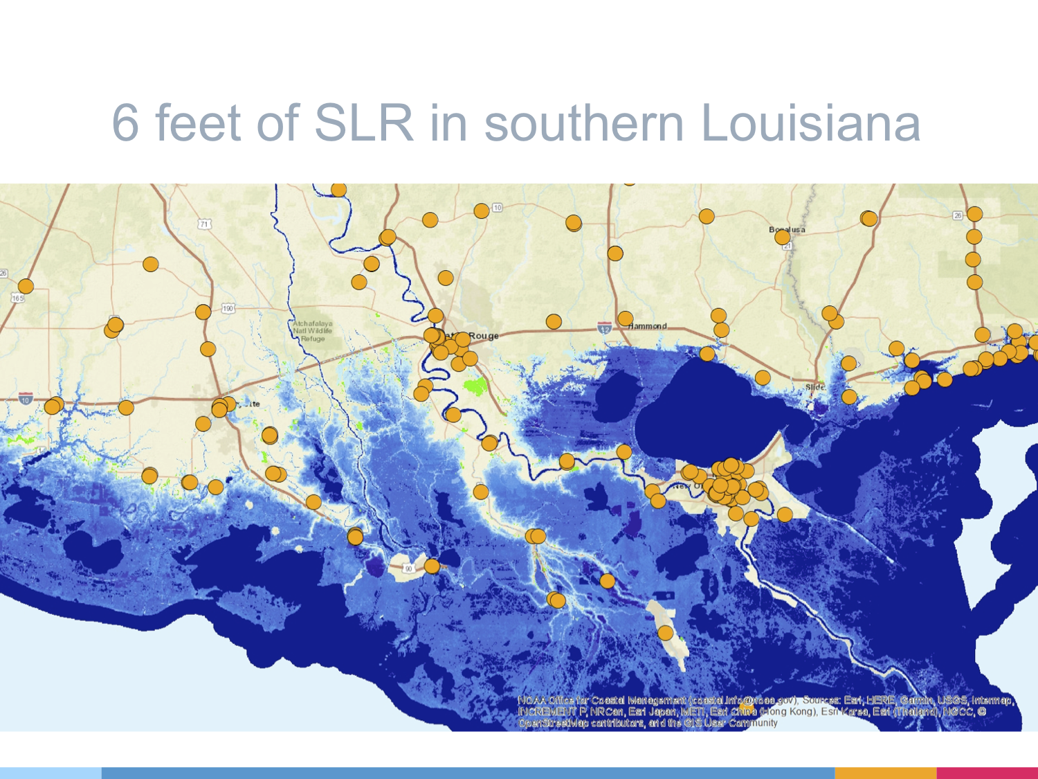 Slide from presentation made by Tansey and Goldman showing six feet of sea level rise, a possible level of change in about a century that assumes a “business as usual” nonresponse to climate change, overlain with known archive locations in Louisiana.