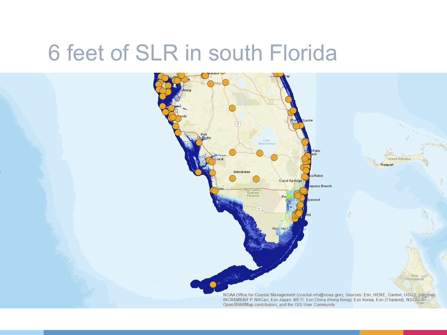Slide from presentation made by Tansey and Goldman showing six feet of sea level rise, a possible level of change in about a century that assumes a “business as usual” nonresponse to climate change, overlain with known archive locations in Florida.