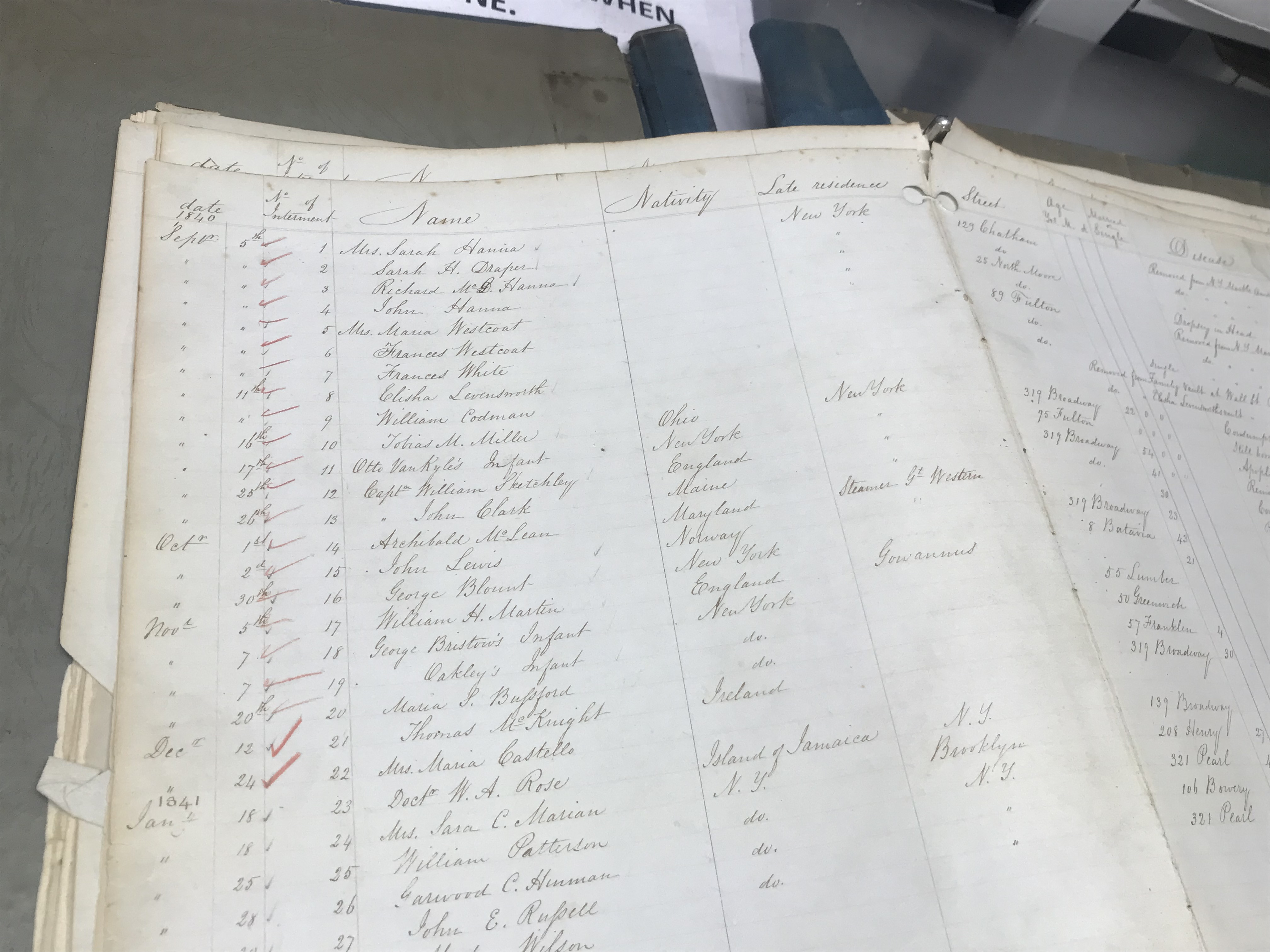 Chronology book at the Green-Wood Cemetery archives. This shows the very first burials at the site.