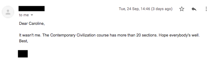 Image: Screenshot of an email from a Columbia professor.