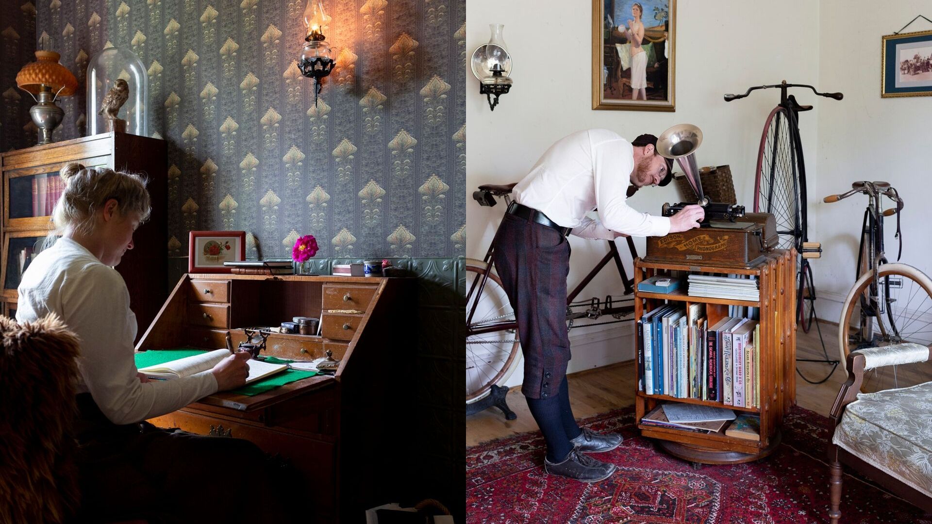 At left, sitting at a desk writing by hand; at right, fixing a phonograph