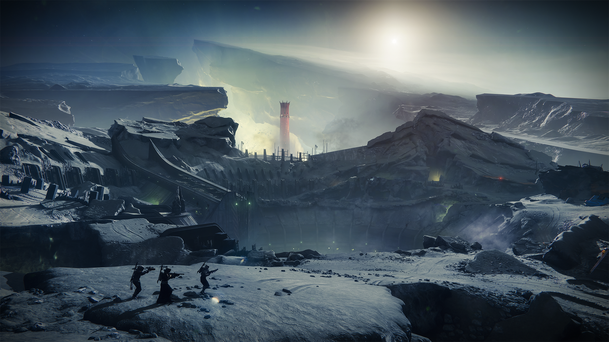 Screenshot from Destiny 2: Shadowkeep. Three guardians on the surface of the moon. The surface has been cracked open with green gas seeping out. In the background, a single red tower marks the position of the Scarlet Keep