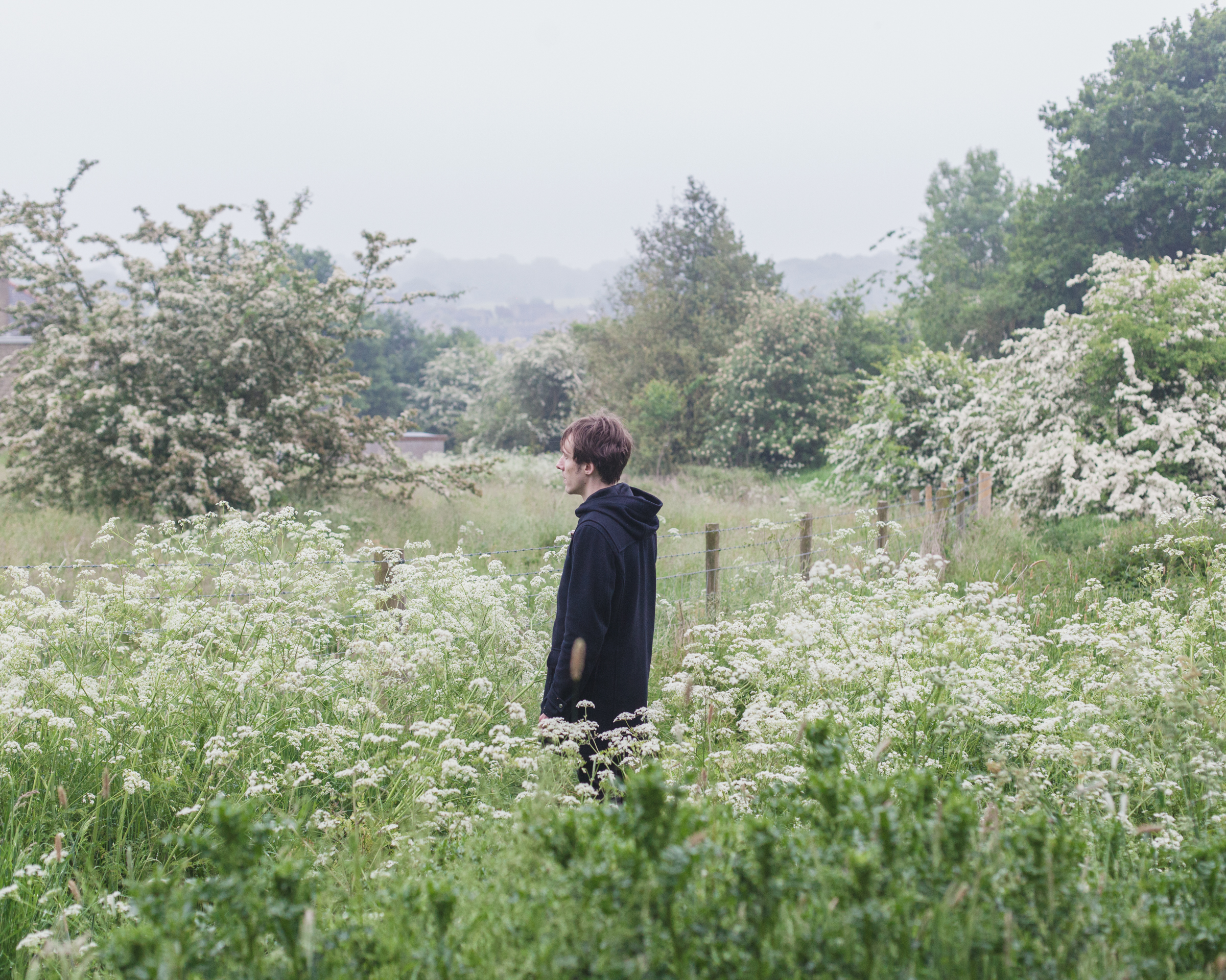 man standing in flowers