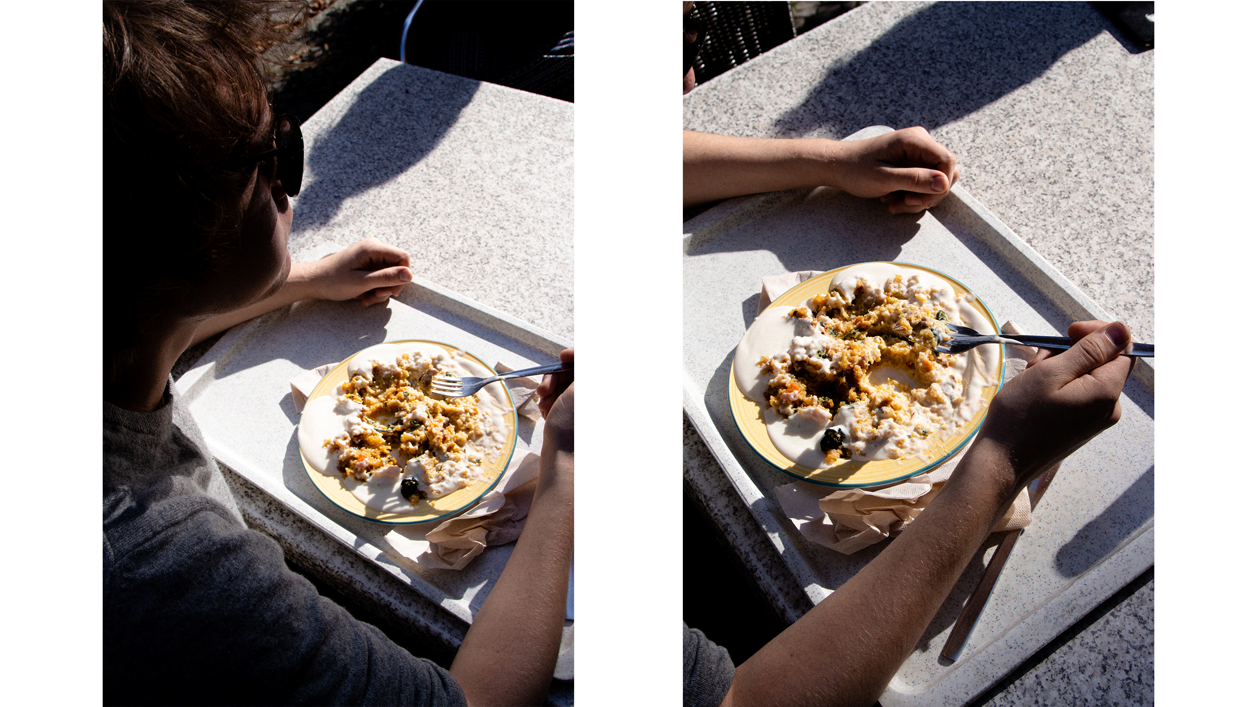 Mensa-Essen, Junge von hinten mit Besteck in der Hand