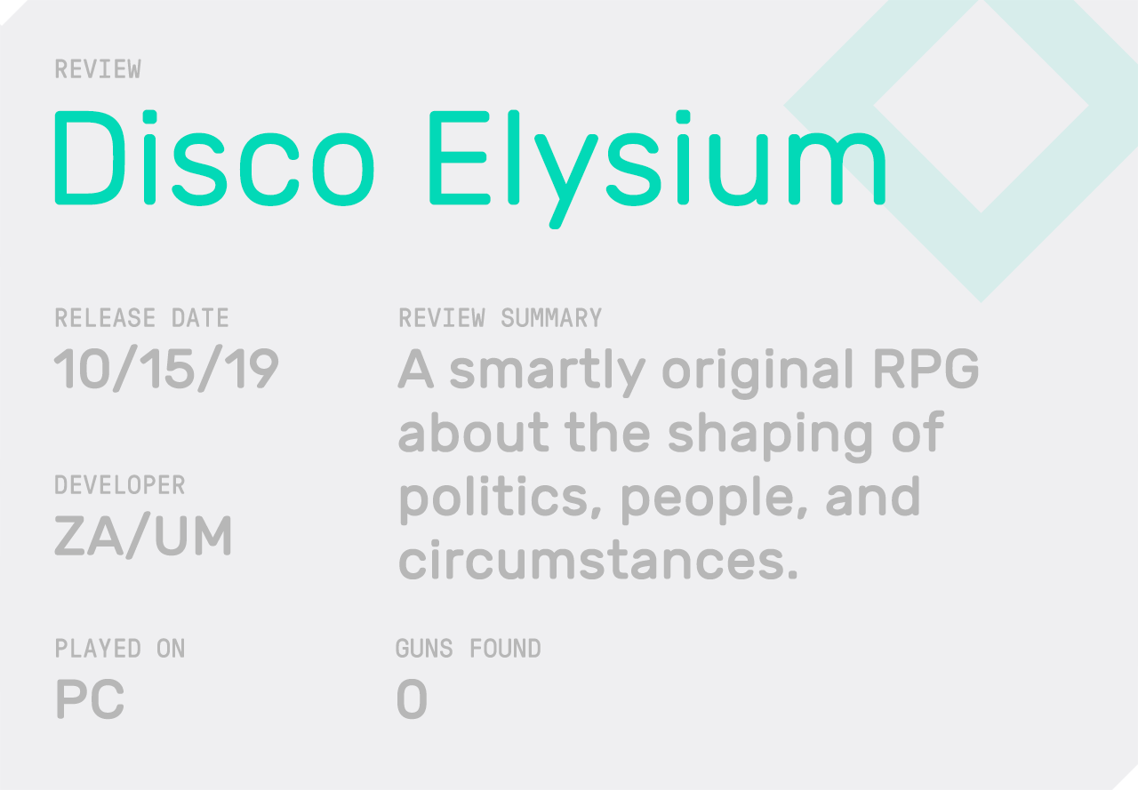 The summary review box for Waypoint Vice's review of Disco Elysium by Cameron Kunzelman
